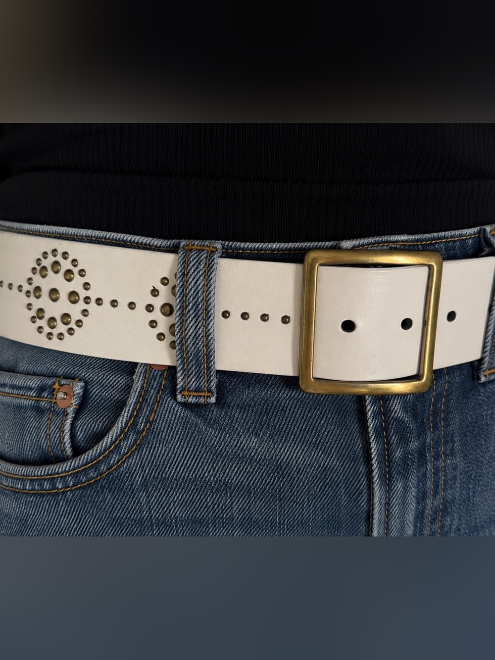 Amazon White Leather Belt with Brass-Tone Buckle and Stud Accents
